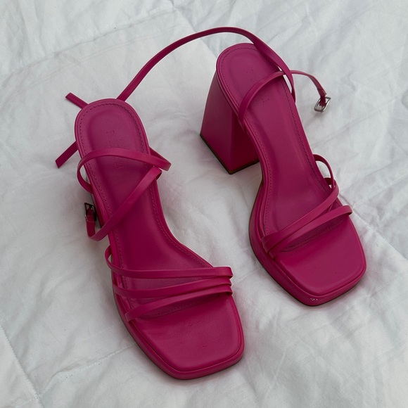 Bright Pink Strappy Block Heels Sandals - Picture 6 of 7